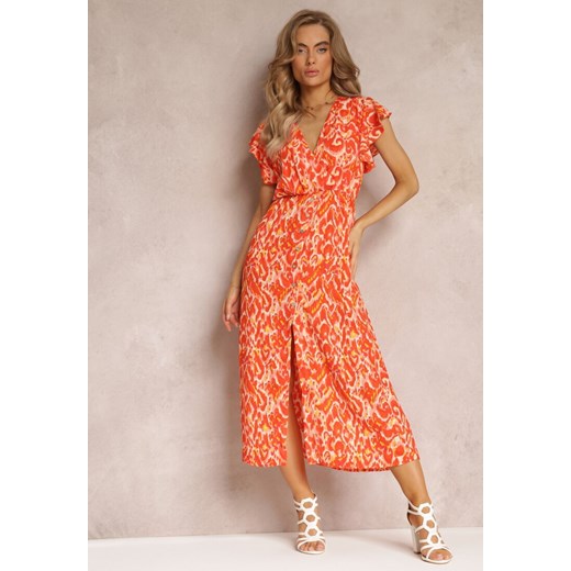 Pomarańczowa Rozkloszowana Sukienka Maxi z Kopertowym Dekoltem i Gumką w Pasie Yllia ze sklepu Renee odzież w kategorii Sukienki - zdjęcie 158458277