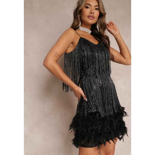 Czarna Sukienka Mini z Frędzlami w Cyrkonie i Piórami Tarinelle ze sklepu Renee odzież w kategorii Sukienki - zdjęcie 158463567