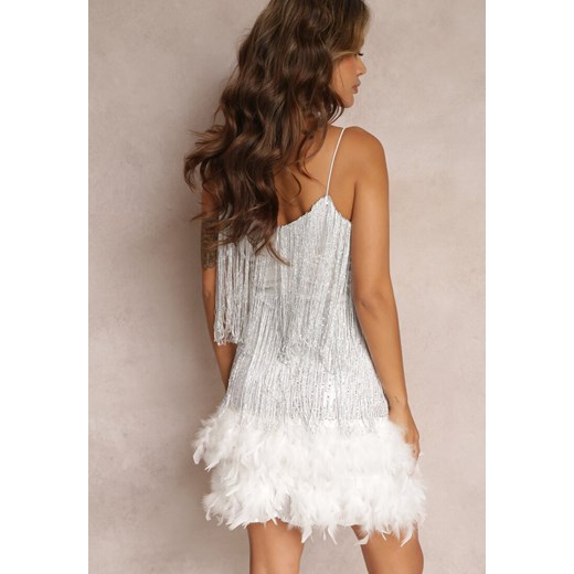 Biała Sukienka Mini z Frędzlami w Cyrkonie i Piórami Tarinelle Renee M promocja Renee odzież