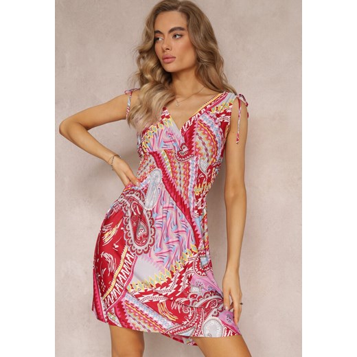 Czerwona Sukienka Mini z Cienkimi Gumkami w Pasie i Ściągaczem na Ramionach Kixele ze sklepu Renee odzież w kategorii Sukienki - zdjęcie 158463747