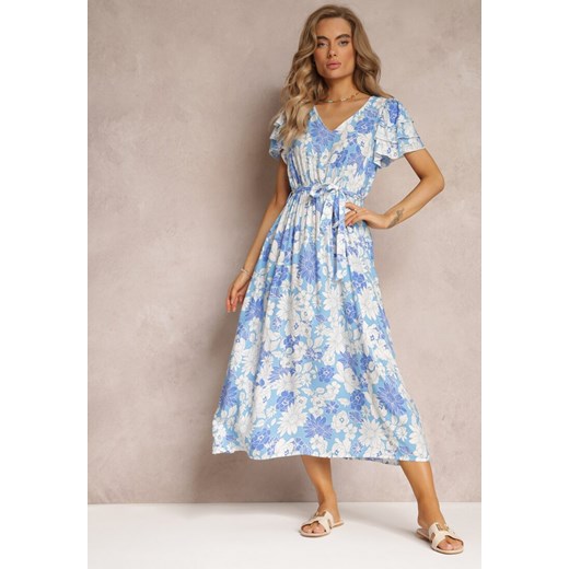 Niebieska Sukienka z Wiskozy w Kwiaty z Wiązanym Paskiem Malore ze sklepu Renee odzież w kategorii Sukienki - zdjęcie 158463767