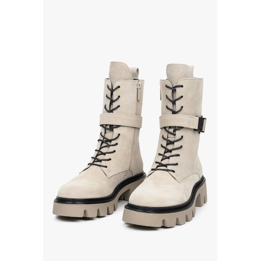 Estro: Botki damskie zimowe z beżowego weluru Estro 37 Estro okazyjna cena