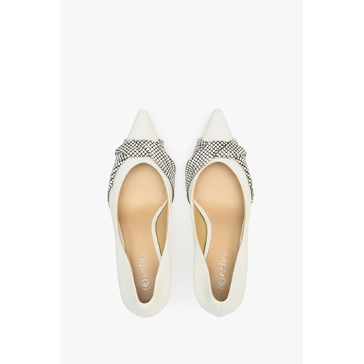 Estro: Białe skórzane szpilki damskie z kokardą Estro 40 okazja Estro