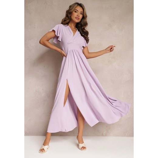 Fioletowa Sukienka Rozkloszowana z Rozcięciem i Kopertowym Dekoltem Jozlyn ze sklepu Renee odzież w kategorii Sukienki - zdjęcie 158827477