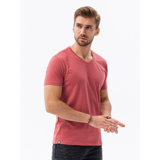 Klasyczna męska koszulka z dekoltem w serek BASIC - czerwony melanż V17 S1369 M ombre