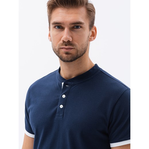 T-shirt męski polo bez kołnierzyka - granatowa V4 S1381 L ombre