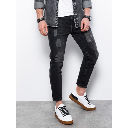 Męskie spodnie jeansowe taper fit z dziurami - czarne V2 P1028 ze sklepu ombre w kategorii Jeansy męskie - zdjęcie 159001525