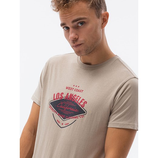T-shirt męski z nadrukiem - beżowy V-21D S1434 L ombre
