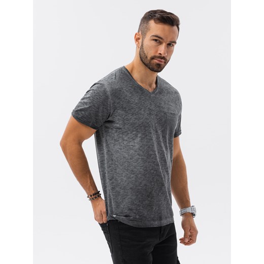 T-shirt męski z kieszonką - grafitowy melanż  V6 S1388 L ombre