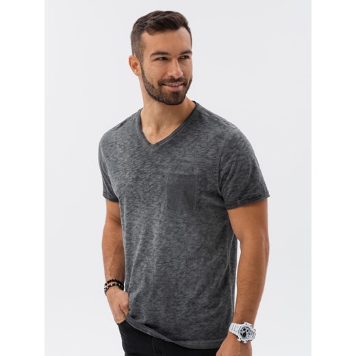 T-shirt męski z kieszonką - grafitowy melanż  V6 S1388 M ombre