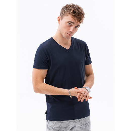 T-shirt męski V-NECK z elastanem - granatowy V2 S1183 XL ombre