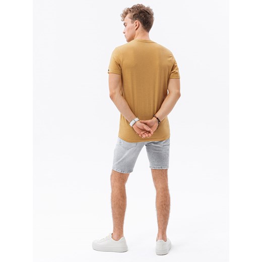 Klasyczna męska koszulka z dekoltem w serek BASIC - musztardowy melanż V19 S1369 L ombre
