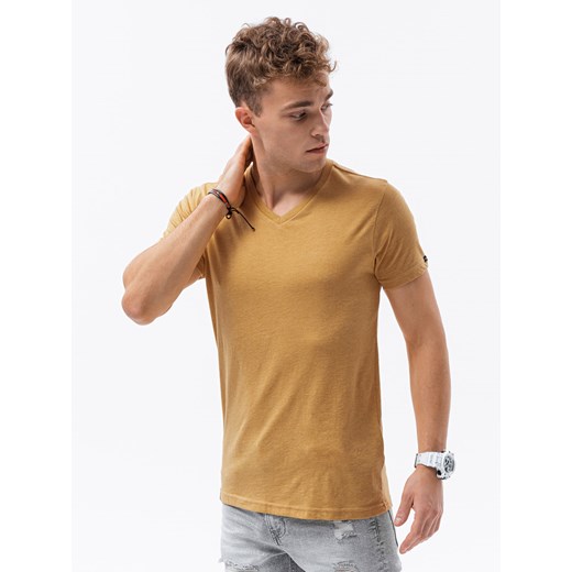 Klasyczna męska koszulka z dekoltem w serek BASIC - musztardowy melanż V19 S1369 XXL ombre