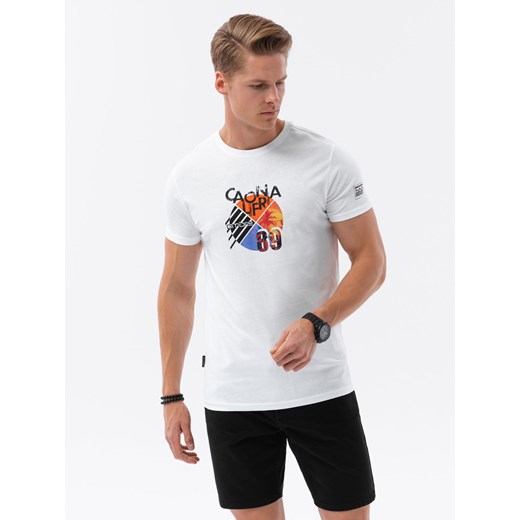 T-shirt męski bawełniany z nadrukiem - biały V1 S1756 XL ombre