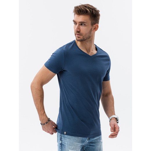 Klasyczna męska koszulka z dekoltem w serek BASIC - ciemnoniebieski V13 S1369 L ombre