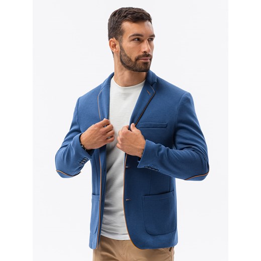 Elegancka marynarka męska z kontrastową lamówką- niebieska V5 M81 ze sklepu ombre w kategorii Marynarki męskie - zdjęcie 159005816