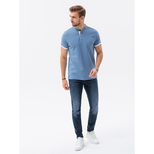 T-shirt męski polo bez kołnierzyka - niebieski V3 S1381 M ombre