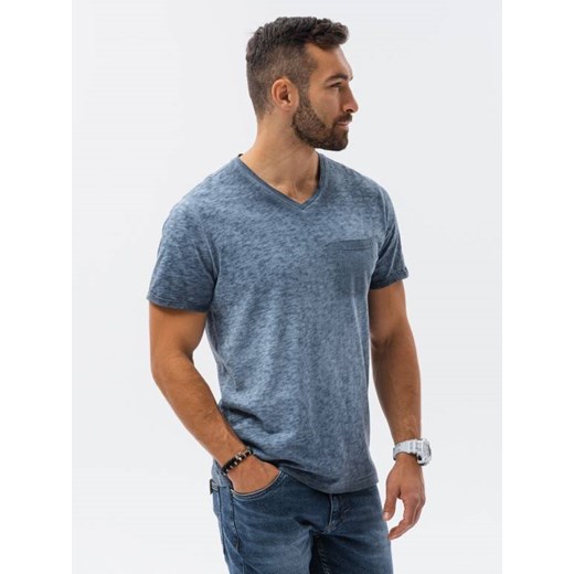 T-shirt męski z kieszonką - ciemnoniebieski melanż V7 S1388 L ombre