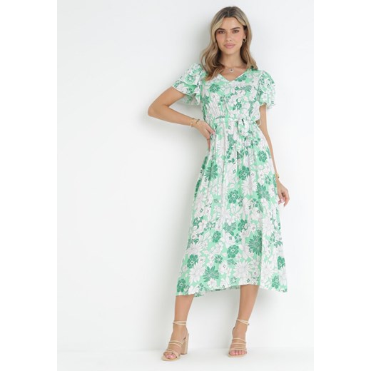 Zielona Rozkloszowana Sukienka z Wiskozy i Wiązanym Paskiem Asaria ze sklepu Born2be Odzież w kategorii Sukienki - zdjęcie 159008089