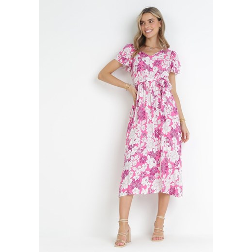 Różowa Rozkloszowana Sukienka z Wiskozy i Wiązanym Paskiem Asaria ze sklepu Born2be Odzież w kategorii Sukienki - zdjęcie 159008099