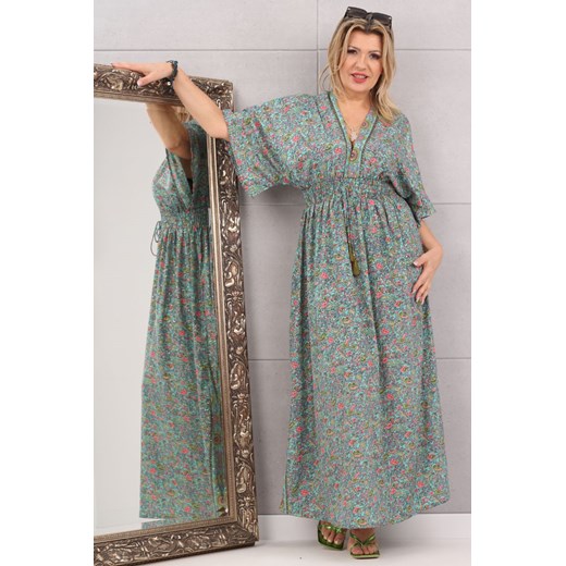 Sukienka maxi boho wzór kwiaty turkusowa - uniwersalny Femimoda uniwersalny femimoda.pl