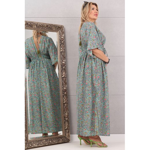 Sukienka maxi boho wzór kwiaty turkusowa - uniwersalny Femimoda uniwersalny femimoda.pl