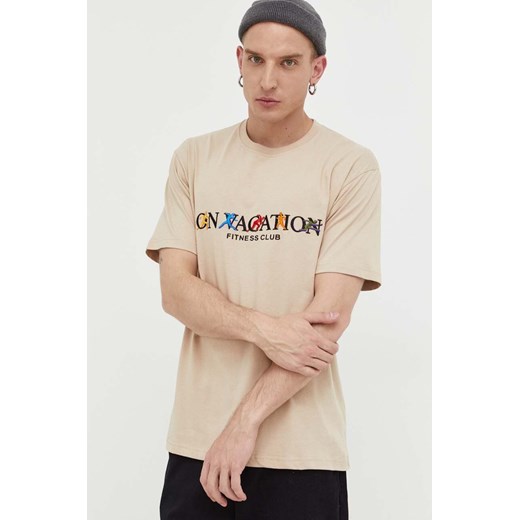 T-shirt męski On Vacation z napisami beżowy z krótkim rękawem 