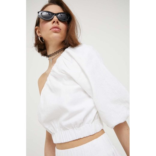 Bluzka damska Abercrombie & Fitch lniana elegancka biała z asymetrycznym dekoltem 