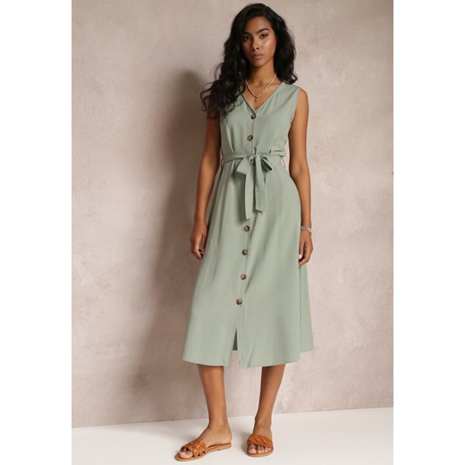 Zielona Trapezowa Sukienka Midi bez Rękawów z Wiązanym Paskiem Ajana ze sklepu Renee odzież w kategorii Sukienki - zdjęcie 159068128
