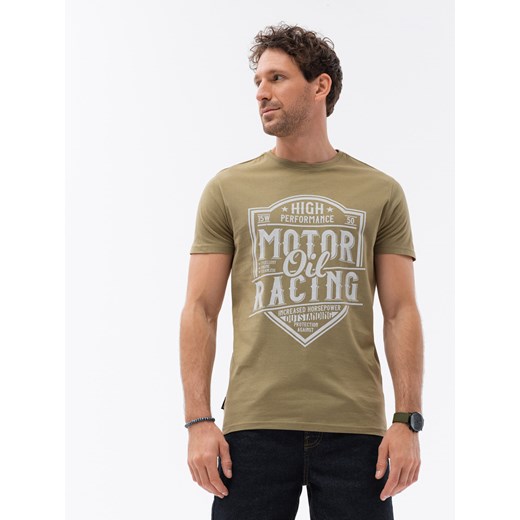 T-shirt męski bawełniany z nadrukiem - oliwkowy V2 S1735 ze sklepu ombre w kategorii T-shirty męskie - zdjęcie 159082526