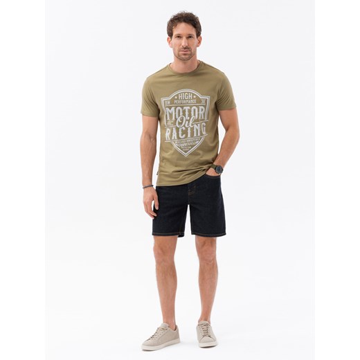 T-shirt męski bawełniany z nadrukiem - oliwkowy V2 S1735 XXL ombre