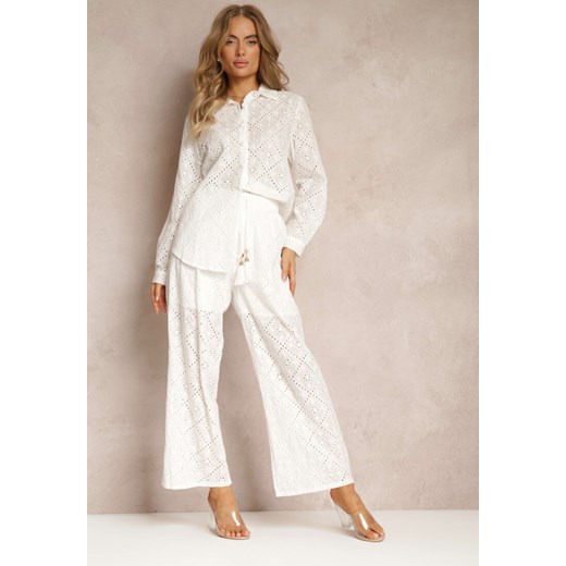 Biały 2-częściowy Komplet z Haftowej Tkaniny z Koszulą i Spodniami Aleiga ze sklepu Renee odzież w kategorii Komplety i garnitury damskie - zdjęcie 159096437