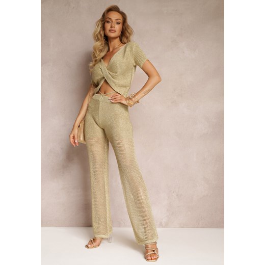 Złote Szerokie Spodnie z Ażurowej Tkaniny z Błyszczącą Nitką Muiel ze sklepu Renee odzież w kategorii Spodnie damskie - zdjęcie 159096507