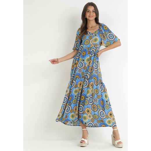Niebieska Rozkloszowana Sukienka Maxi z Falbanką z Wiskozy Sehna ze sklepu Born2be Odzież w kategorii Sukienki - zdjęcie 159133067