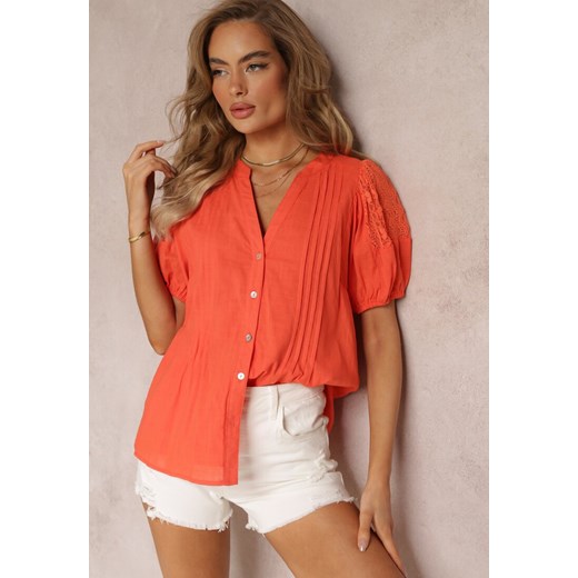 Pomarańczowa Bawełniana Koszula z Bufiastym Rękawem Shafira ze sklepu Renee odzież w kategorii Koszule damskie - zdjęcie 159161196