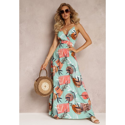 Jasnozielona Długa Sukienka w Kolorowe Liście na Cienkich Ramiączkach  Taytum ze sklepu Renee odzież w kategorii Sukienki - zdjęcie 159168488