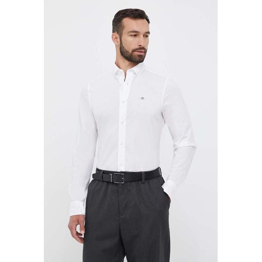 Gant koszula bawełniana męska kolor biały slim z kołnierzykiem button-down ze sklepu ANSWEAR.com w kategorii Koszule męskie - zdjęcie 159168639