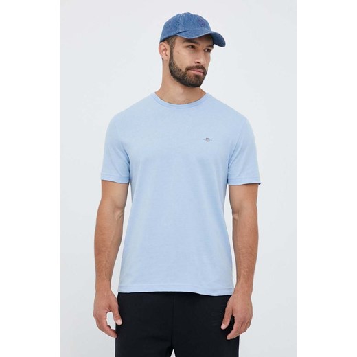 Gant t-shirt bawełniany kolor niebieski gładki ze sklepu ANSWEAR.com w kategorii T-shirty męskie - zdjęcie 159169097