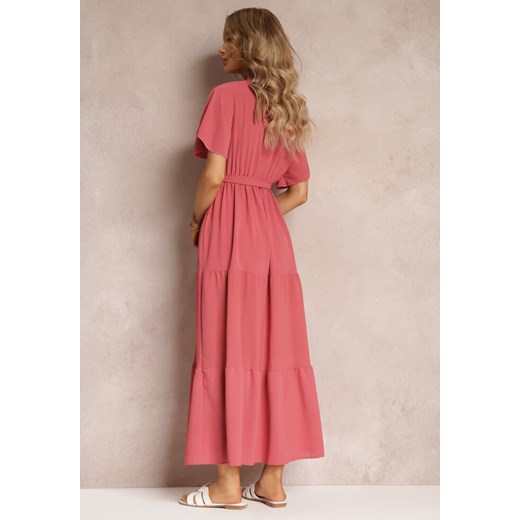Ciemnoróżowa Sukienka Maxi z Gumką w Talii i Głębokim Dekoltem Chemiste Renee M/L okazyjna cena Renee odzież