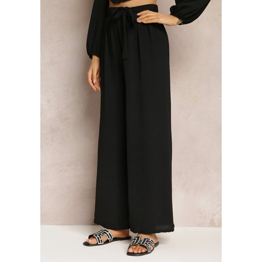 Czarne Spodnie z Szerokimi Nogawkami i Doszytym Paskiem w Talii Atita ze sklepu Renee odzież w kategorii Spodnie damskie - zdjęcie 159178156