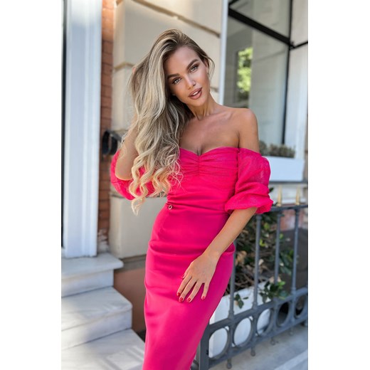 Sukienka różowa z ozdobnym rękawem Ashley Butik Lalala 38 butiklalala