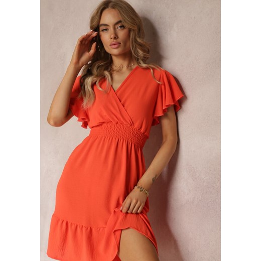 Pomarańczowa Sukienka z Falbankami i Marszczoną Gumką w Talii Edenia Renee M wyprzedaż Renee odzież