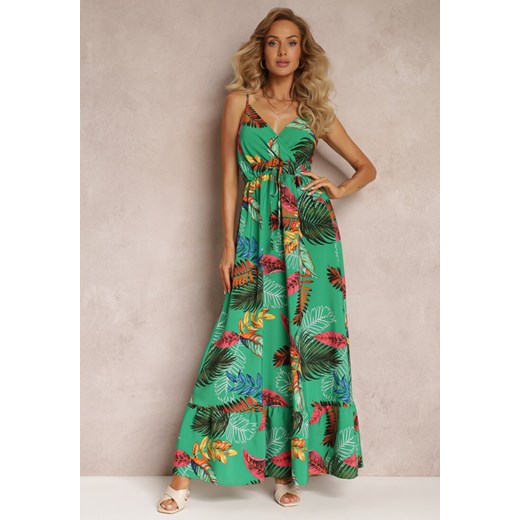 Zielona Długa Sukienka Rozkloszowana z Gumką w Talii w Kolorowe Liście Dopine ze sklepu Renee odzież w kategorii Sukienki - zdjęcie 159180379