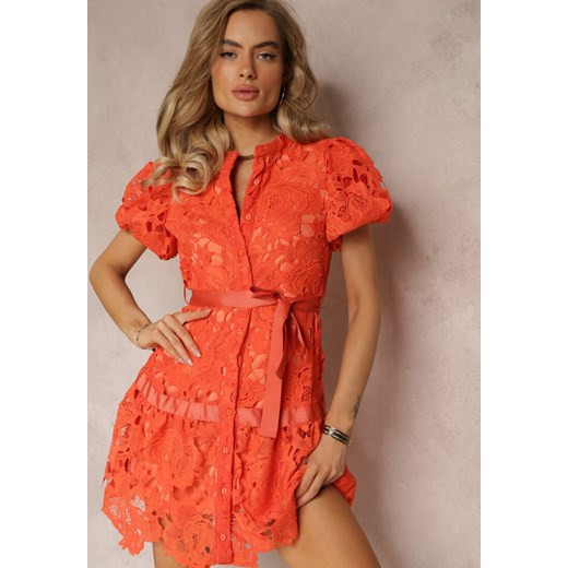 Pomarańczowa Koronkowa Sukienka Mini z Falbankami i Materiałowym Paskiem Mivan ze sklepu Renee odzież w kategorii Sukienki - zdjęcie 159180499