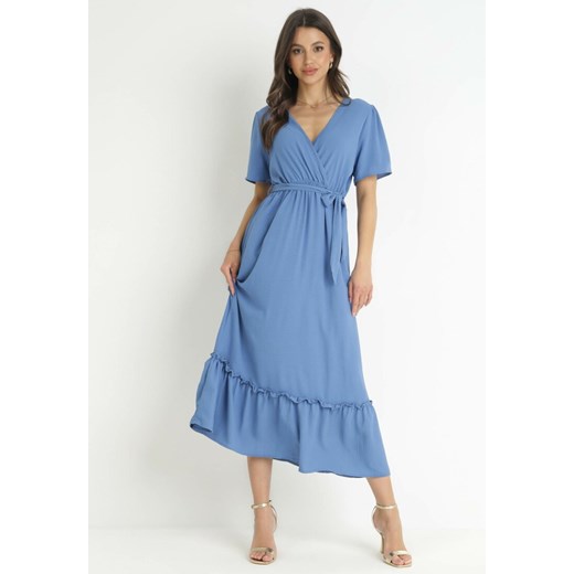 Niebieska Sukienka Maxi z Gumką w Talii i Kopertowym Dekoltem Lesite ze sklepu Born2be Odzież w kategorii Sukienki - zdjęcie 159180595