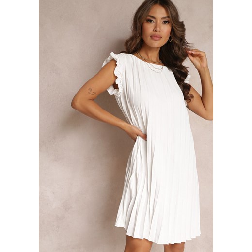 Biała Plisowana Sukienka Mini z Falbankami z Bawełny i Wiskozy Trinida Renee L okazja Renee odzież