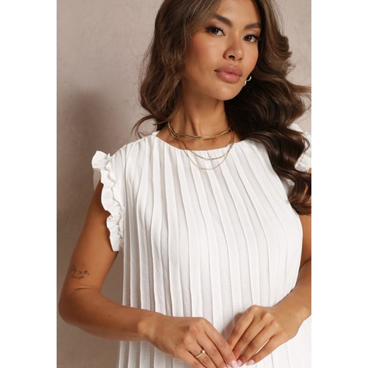 Biała Plisowana Sukienka Mini z Falbankami z Bawełny i Wiskozy Trinida Renee M okazyjna cena Renee odzież