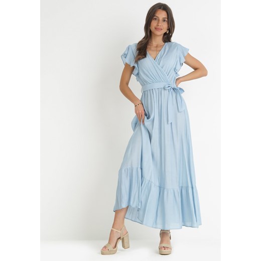 Niebieska Rozkloszowana Sukienka z Wiązanym Paskiem Nonru ze sklepu Born2be Odzież w kategorii Sukienki - zdjęcie 159191949