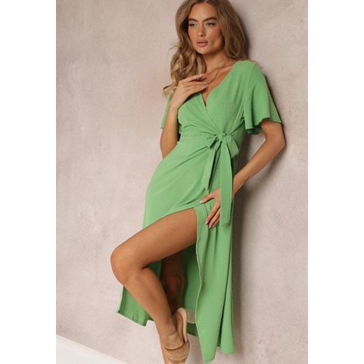 Zielona Sukienka Midi z Kopertowym Dekoltem i Krótkimi Rękawami Talya ze sklepu Renee odzież w kategorii Sukienki - zdjęcie 159194559