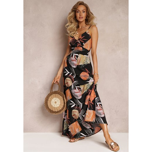 Czarna Długa Sukienka w Kolorowe Liście na Cienkich Ramiączkach  Taytum ze sklepu Renee odzież w kategorii Sukienki - zdjęcie 159194628